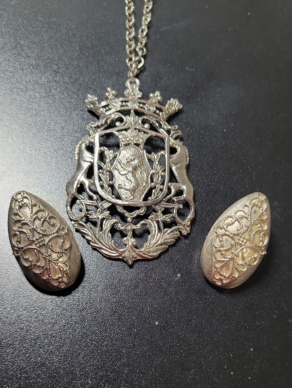 Silver-Tone Filigree Crest Pendant Necklace and Clip-On Earrings Set